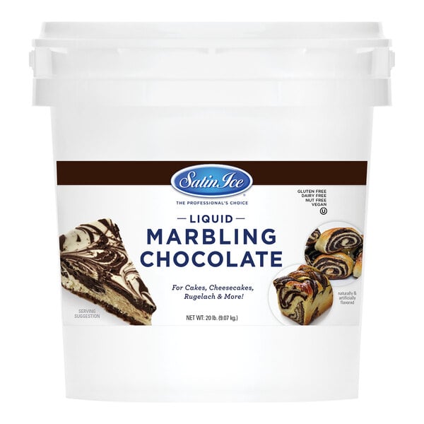 A white bucket of Satin Ice Liquid Marbling Chocolate.