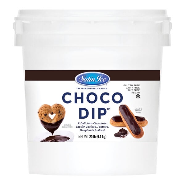 A white bucket of Satin Ice Choco Dip with a label on it.
