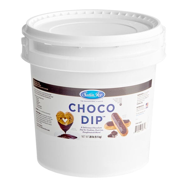 A 20 lb. tub of Satin Ice Choco Dip chocolate dip.