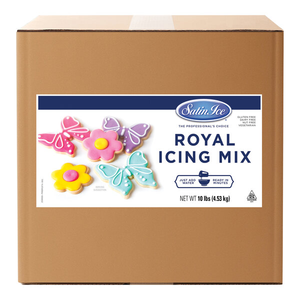 A box of Satin Ice Royal Icing Mix with a label.