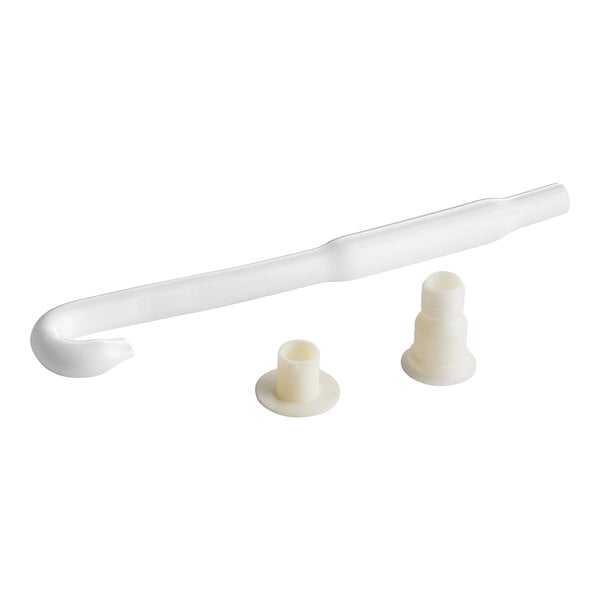 A white plastic Avantco drain assembly kit with a nozzle and screws.