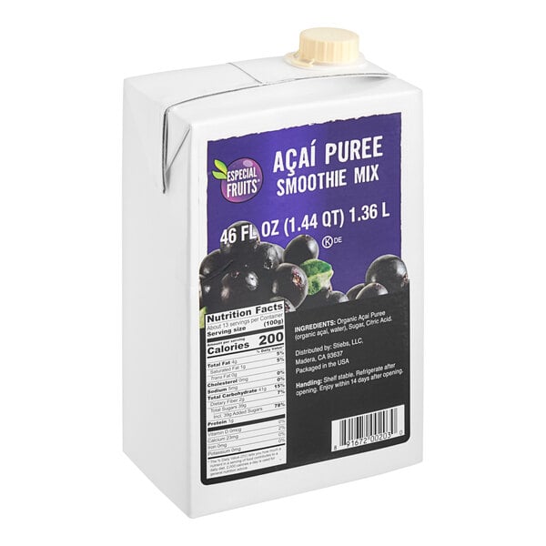 A white carton of Especial Fruits Acai Puree Smoothie Mix with a label on it.