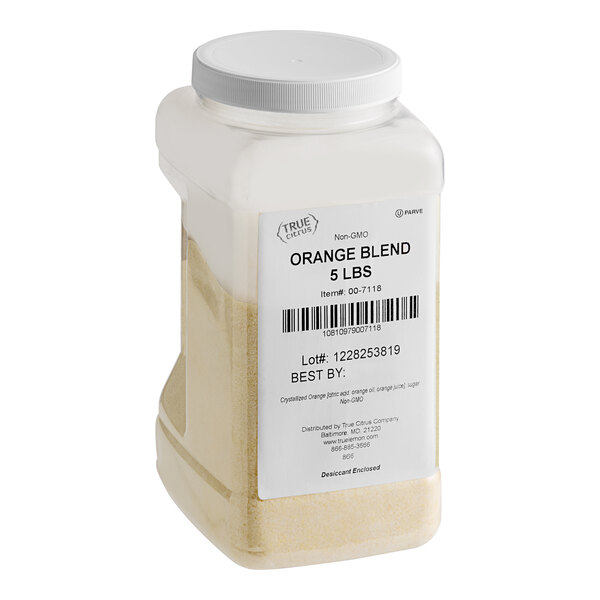 A white plastic container of True Citrus Crystallized Orange Powder with a white label.