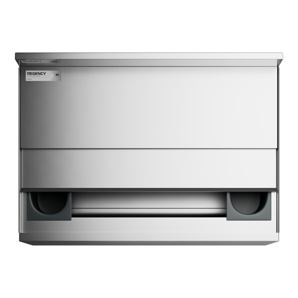 A stainless steel rectangular Regency underbar ice bin with sliding lid and bottle holders.