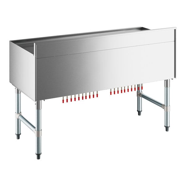 A stainless steel Regency underbar ice bin with red sliding lid pegs.