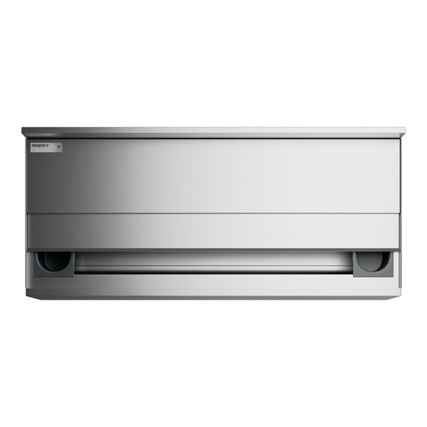 A silver rectangular stainless steel ice bin with a sliding lid.