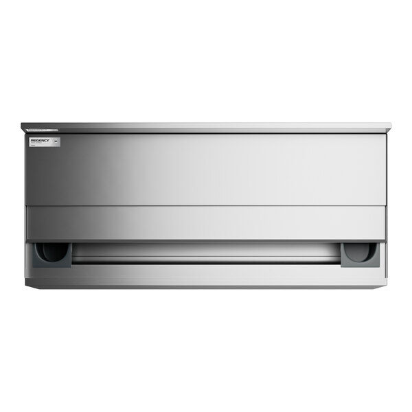 A stainless steel rectangular underbar ice bin with a sliding lid and two bottle holders on each side.