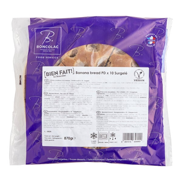 A package of Le Chic Patissier Plant-Based Vegan Whole Wheat Banana Bread with a label.
