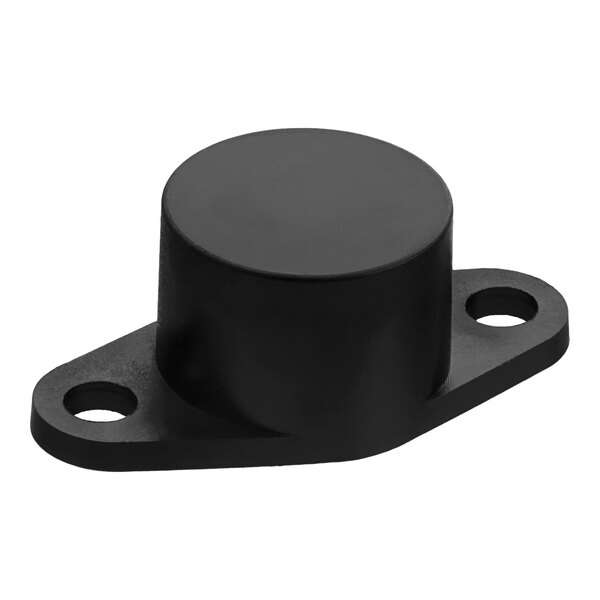 A black plastic magnet with a hole in it.