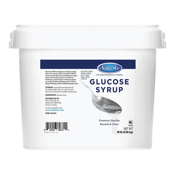 A white container of Satin Ice Glucose Syrup with a label.