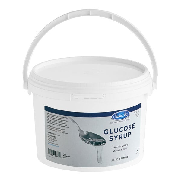 A white plastic container of Satin Ice Glucose Syrup.