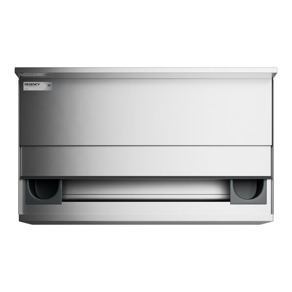 A stainless steel rectangular Regency underbar ice bin with sliding lid open.