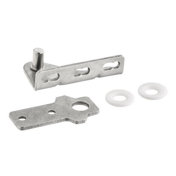 A metal bottom right hinge kit with two washers for select AU and AWT series equipment.