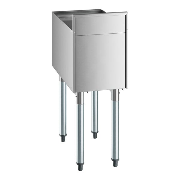 A Regency stainless steel underbar ice bin with sliding lid and bottle holders.