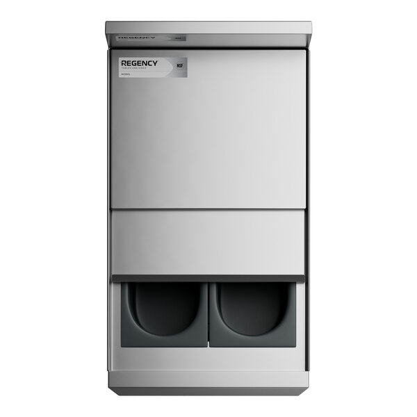 A stainless steel Regency underbar ice bin with two bottle holders and a sliding lid.