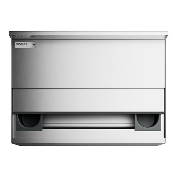 A stainless steel rectangular box with a sliding lid and bottle holders inside.