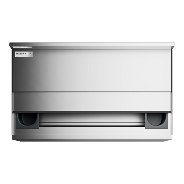 A stainless steel underbar ice bin with a sliding lid and integrated bottle holders, viewed from the front.
