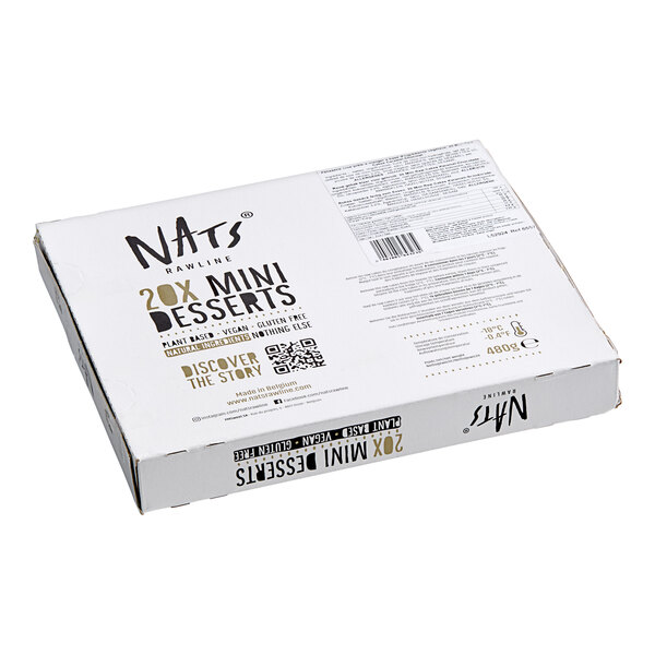 A white box of Nats Rawline plant-based vegan caramel and chocolate mini raw cake squares.