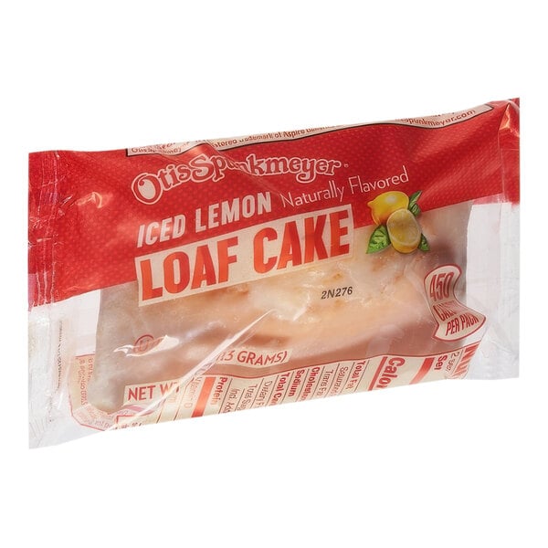 A bag of Otis Spunkmeyer Individually Wrapped Lemon Iced Loaf Cake on a white background.