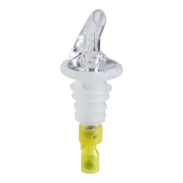 A clear and yellow 1.5 oz. measured liquor pourer with a ribbed silicone stopper.