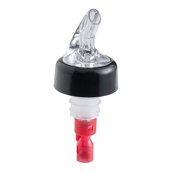 A clear and black measured liquor pourer with a red base and collar, designed to dispense 1 oz. servings.