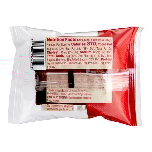 A package of Otis Spunkmeyer Individually Wrapped Chocolate Chip Brownies in a plastic bag.