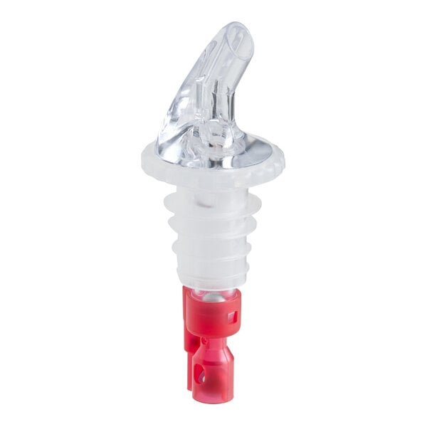 A clear and red 1 oz. measured liquor pourer with a three-ball mechanism.
