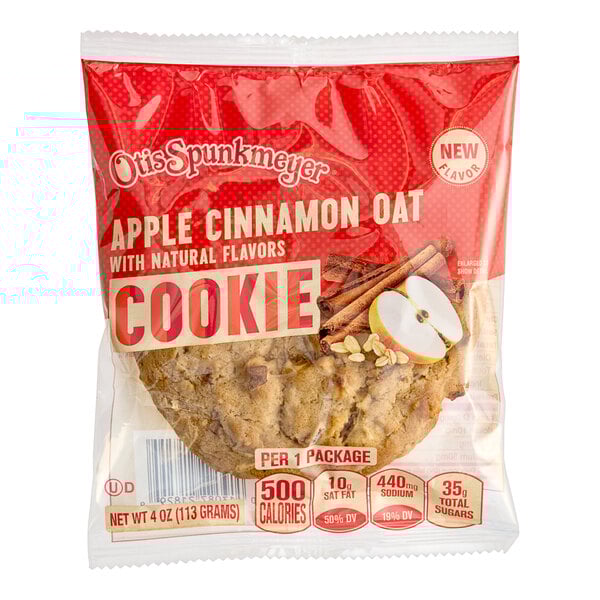 An Otis Spunkmeyer individually wrapped apple cinnamon oatmeal cookie.