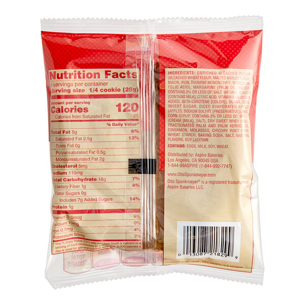A white Otis Spunkmeyer bag of individually wrapped Apple Cinnamon Oatmeal Cookies with a label.