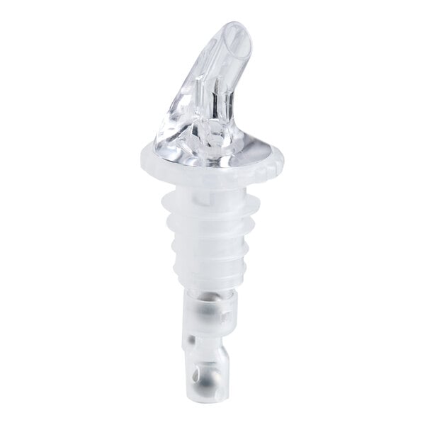 A clear plastic 1.25 oz. measured liquor pourer with a ribbed neck and angled spout.