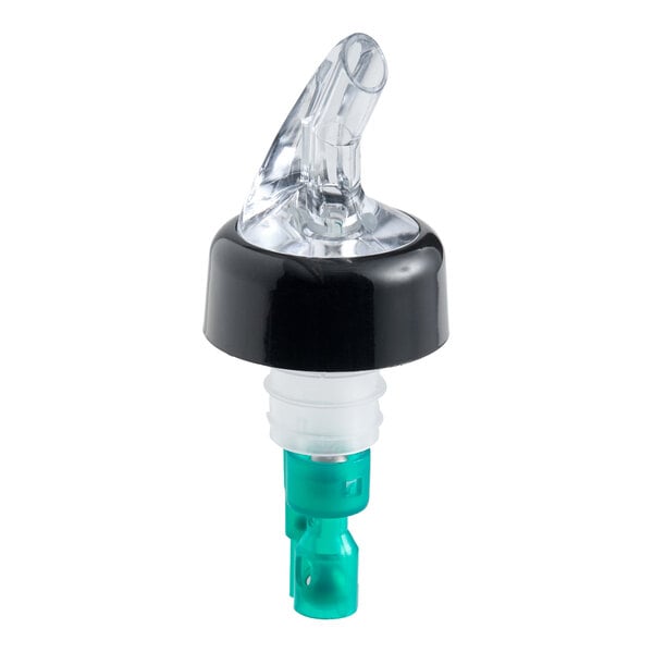 A measured liquor pourer with a black collar and clear spout, designed to dispense 0.75 oz. per pour.