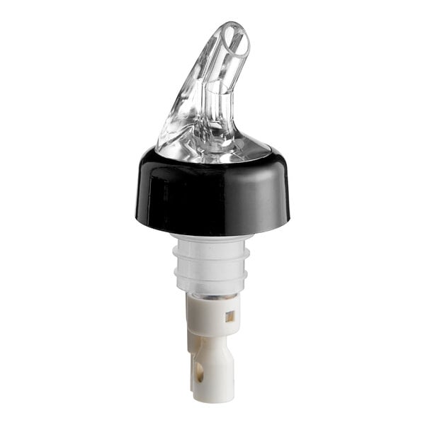 A clear and black measured liquor pourer with a collar and white base.