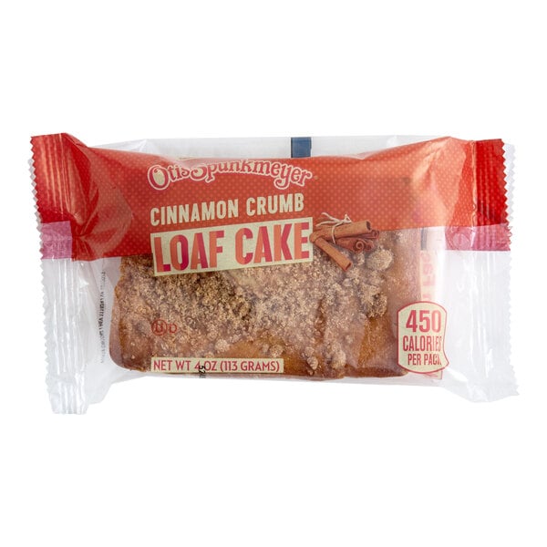 A packaged Otis Spunkmeyer cinnamon crumb loaf cake weighing 4 ounces.