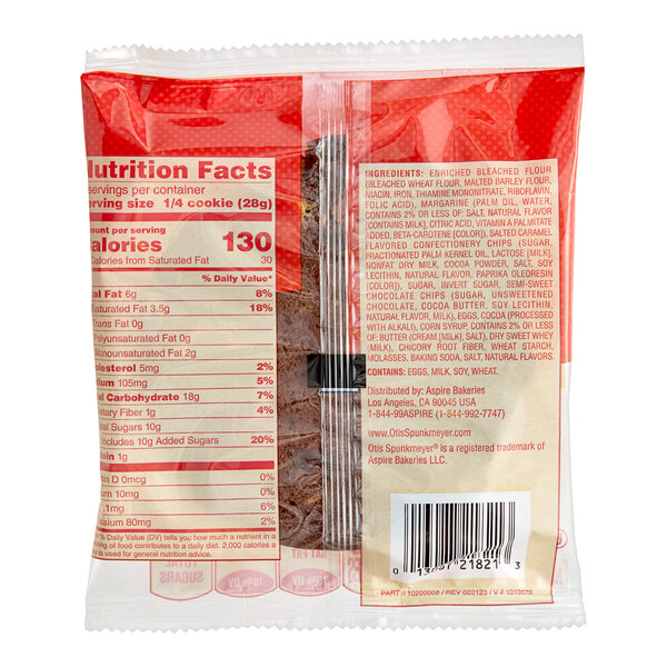 A white Otis Spunkmeyer package of Double Chocolate Caramel Cookies with nutrition facts.