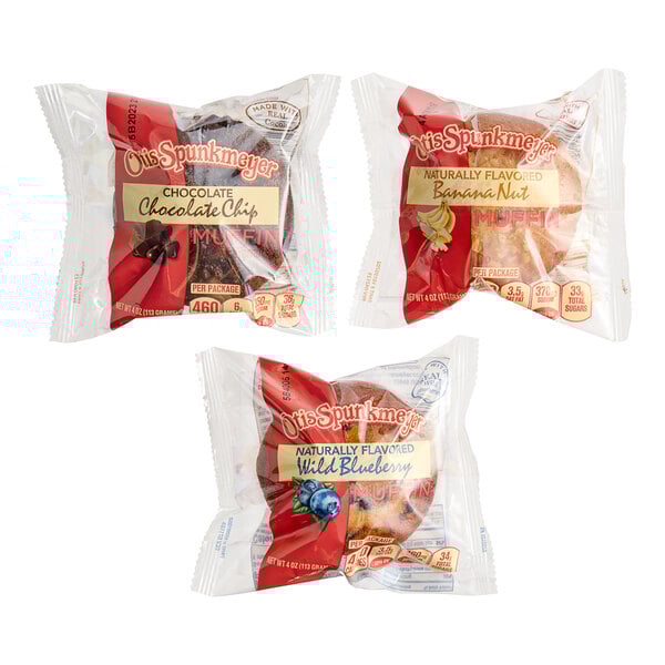 A close-up of a white Otis Spunkmeyer variety pack of muffins.