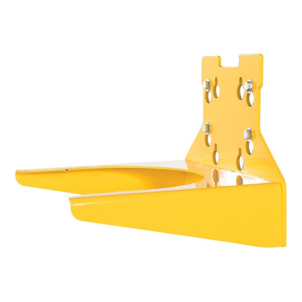 A yellow metal Vestil pail lifter shelf with two holes in it.