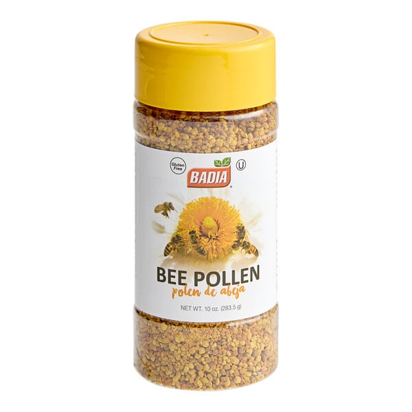 A case of six jars of Badia Bee Pollen on a table.