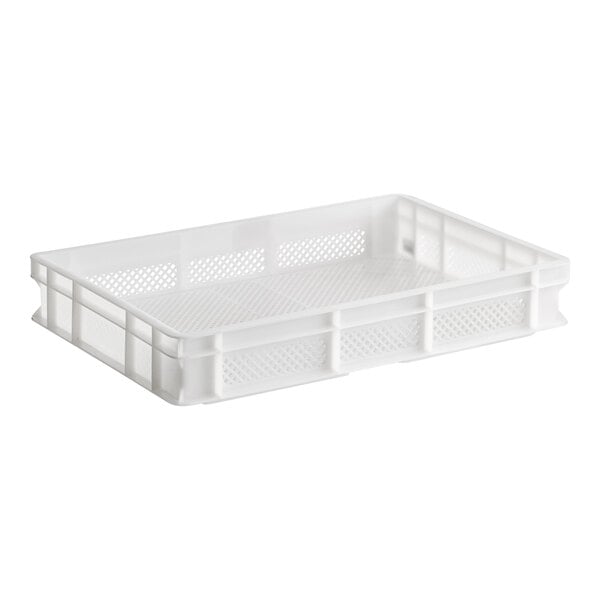 A white perforated plastic pasta drying box with a rectangular shape and low sides.