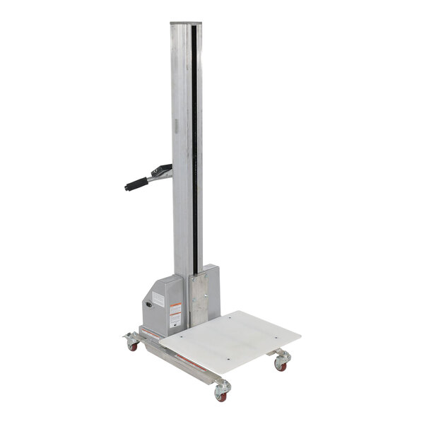A Vestil aluminum hand lift with wheels on a metal platform.