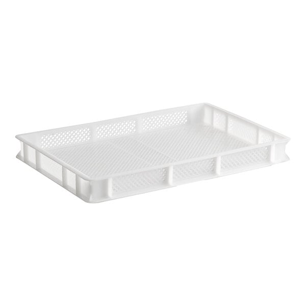 A white perforated plastic pasta drying box with a rectangular shape and low sides.