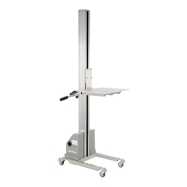A silver metal Vestil quick lift table with wheels and a handle.
