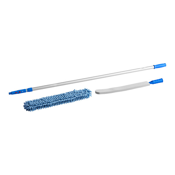 A Lavex duster with a blue and white chenille sleeve on a white background.