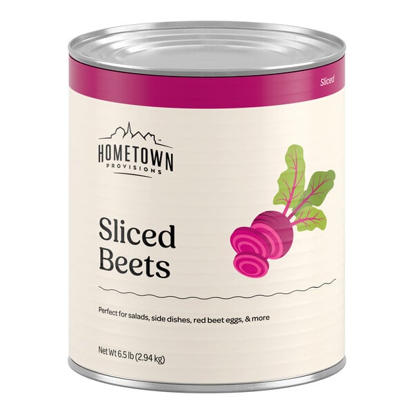A large can with a label showing sliced beets and text indicating it contains sliced beets.
