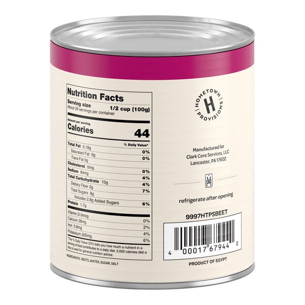 A can with a nutrition facts label, barcode, and product information printed on the back, featuring a pink band near the top.