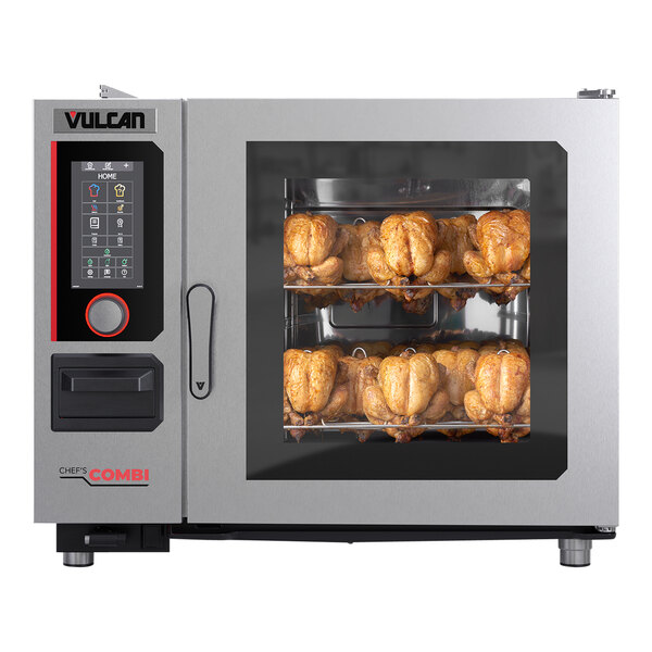 A Vulcan Chef's Combi oven in a professional kitchen with chicken inside.