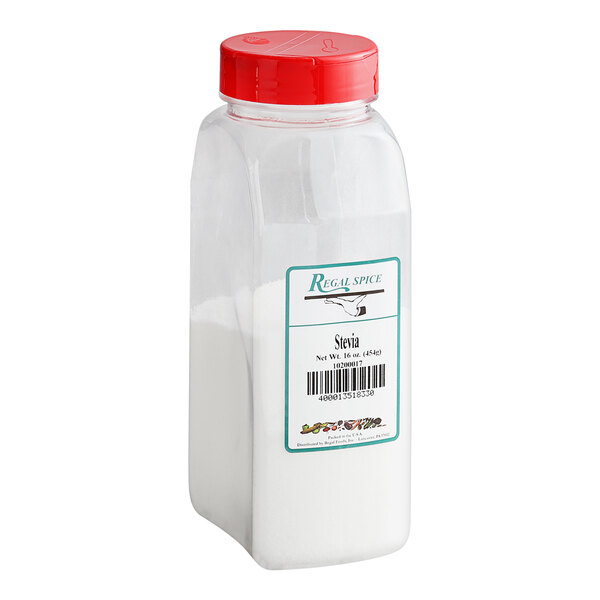 A plastic container of Regal Stevia Sweetener with a red lid and label.