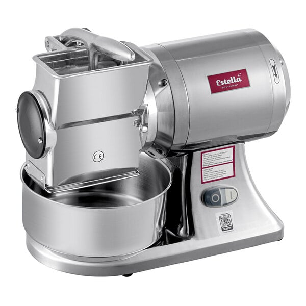 An electric hard cheese grater with a stainless steel body and a large mixing bowl, designed for commercial use.