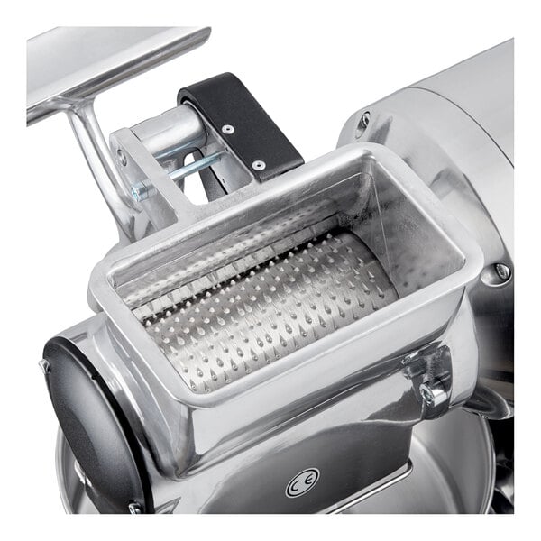 An electric hard cheese grater with a stainless steel grating drum and hopper.