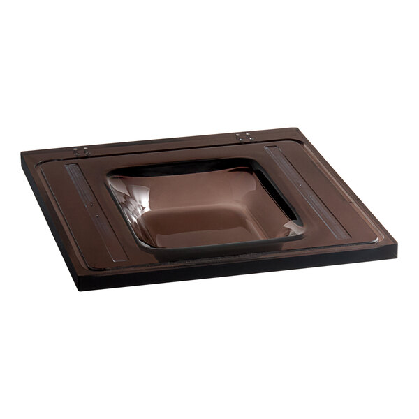 A brown rectangular lid with a black frame.