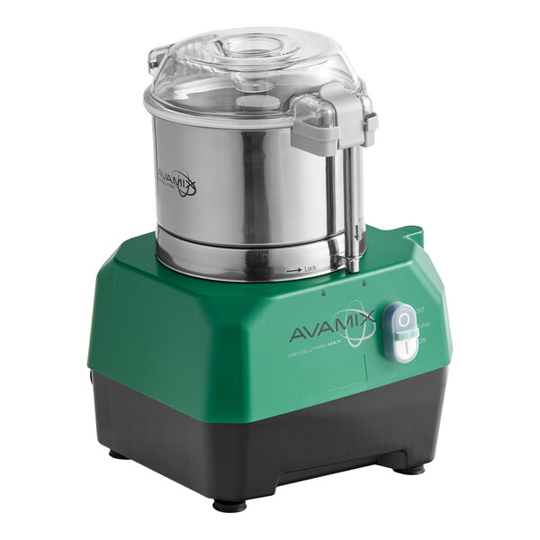 A green and black AvaMix Revolution Max food processor with a stainless steel batch bowl and clear lid.